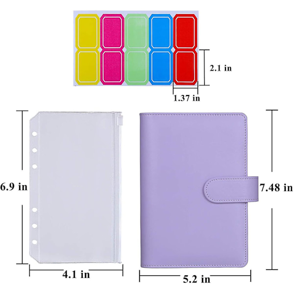 12 stk A6 Permeringslommer Løse Blader Vesker 6 Ring Permer Kontanter Budsjett Konvolutter System, A6 PU Lær Permersett Purple