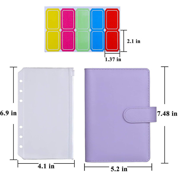 12 stk. A6 ringbindslommer løsbladsposer 6 ringbind Kontant budgetkonvoluttersystem, A6 Pu læderbindssæt Purple