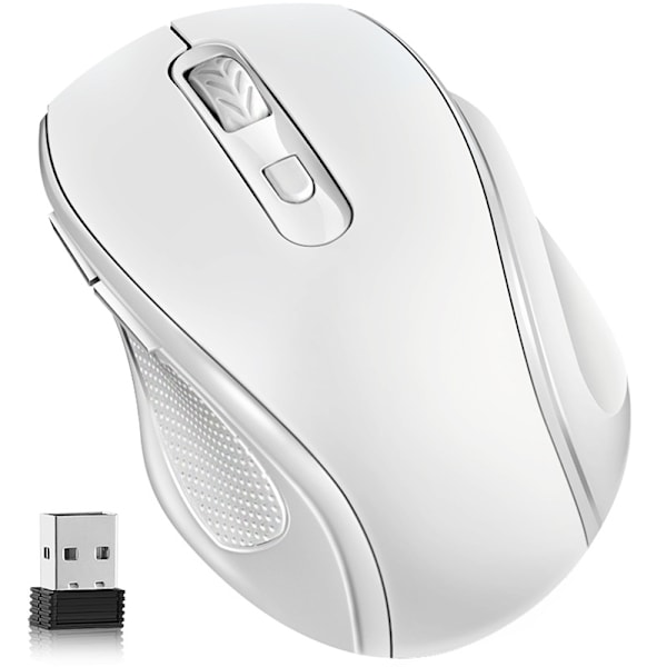Vit trådlös mus, 2400 DPI trådlös mus med 6 knappar, 2,4G ergonomisk trådlös USB mus, autonomi för bärbar dator Mac-dator