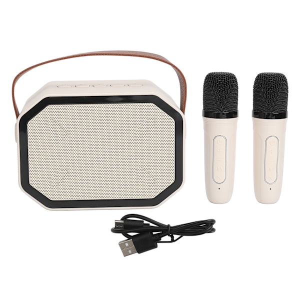Karaokemaskin Hvit Karaokehøyttaler med 2 Trådløse Mikrofoner Håndholdt Blendende Lys Karaokesystem for Fest Hjemme
