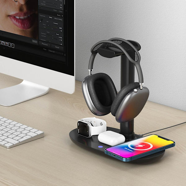 Fire-i-en Henger Trådløs Lader Hurtiglading Mobiltelefonholder For Airpods Max Hodetelefoner Og Klokkesett