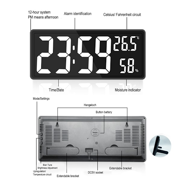 Digital Klocka Stor Display, Stor Digital Väggklocka med white