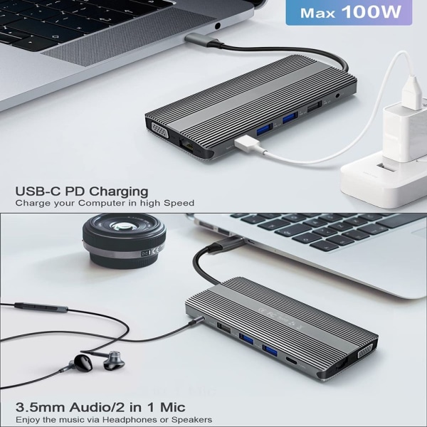 12-in-1 USB Type-C Hub -telakointiasema 4K Dual HDMI