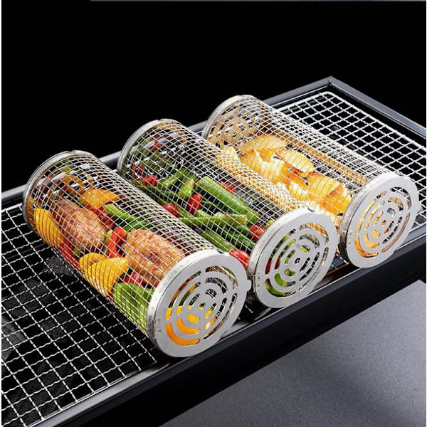 2-pakks Grillkurv i Rustfritt Stål, 2 Kroker og 2 Gaffler. Rullgrill
