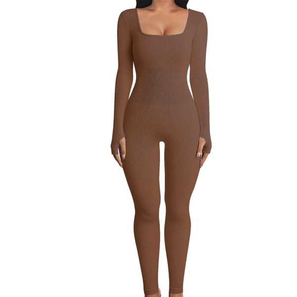 Yoga fitness jumpsuit gängad fyrkantig hals brown brown L