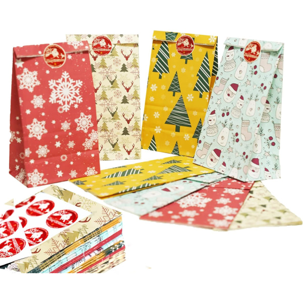 Pakkauksessa 48 joulupaperikassia, joululahjakasseja tarroilla, värikkäitä lahjapusseja