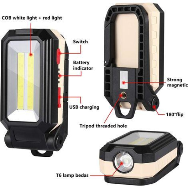 LED Arbejdslampe Campinglampe Genopladelig LED Spotlight Genopladelig Arbejdslampe COB Værkstedslygte Lommelygte med Magnetisk Base til Garage, Cam