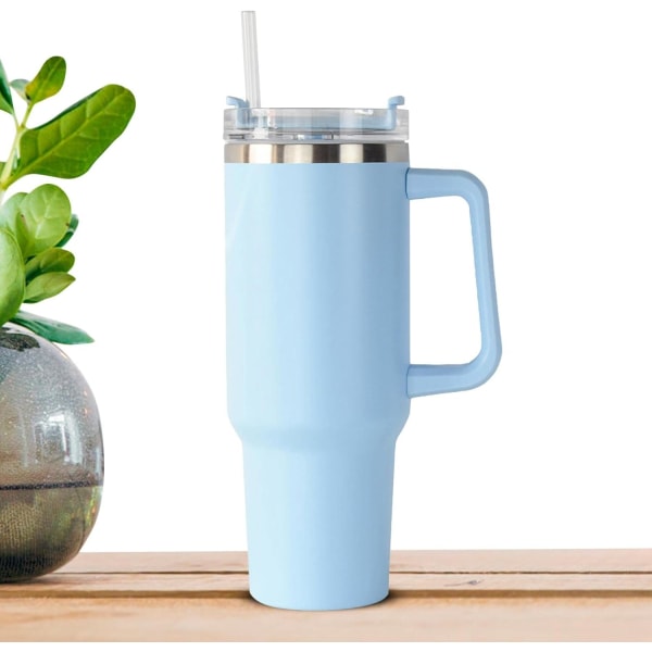 Vattenflaska i rostfritt stål | Mugg med sugrör och handtag | Läcksäker vakuumisolerad vattenflaska för hett iskaffe (ljusblå)