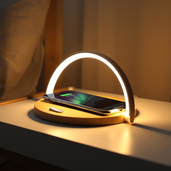 Moderne enkel trådløs opladningsnatlampe (træ), maks. 15w hurtig trådløs oplader, berøringskontrol, 3 niveauer lysstyrke, til Galaxy S10/s20/note 10, Iphon