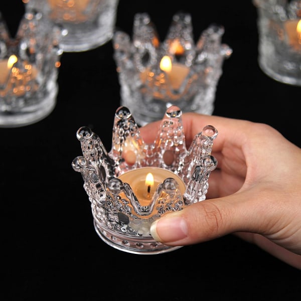 Genomskinliga votivljushållare Set med 6 Crown Glas värmeljusstakar för bröllop, fest och heminredning