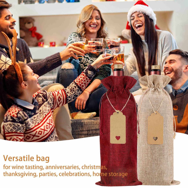 Premium säckvävsvinpåsar och presentetiketter, återanvändbara, med dragsko, vinflaskpåsar, för bröllop, födelsedag, jul, resor, fest, hemförvaring