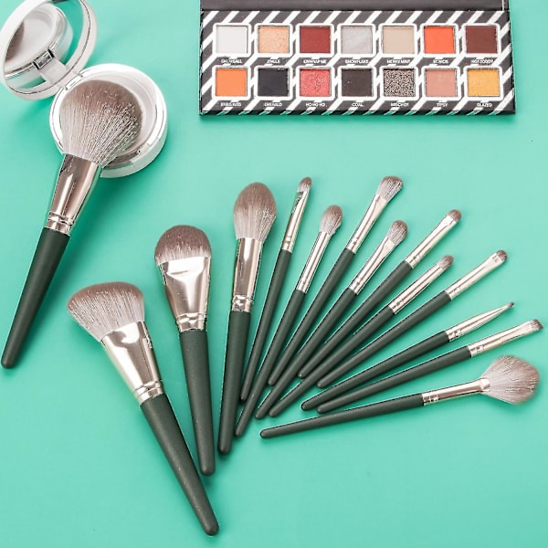 Makeupborstar 14 st/set Grön Makeupborste Med Väska Kosmetika Skönhetsverktyg Foundation Puder Rouge