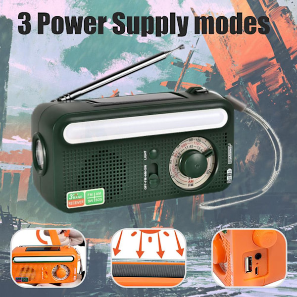 Bärbar Solcellsdriven Vevradio AM FM WB Multiband Dynamoradio med 2000 mAh Powerbank SOS Alarmfunktion för Camping Resor Nödsituationer