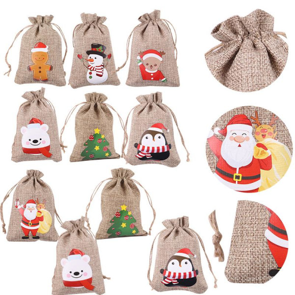 10 stk Trekkstrengpose Burlap Gavepose Party Godteriposer Santa Claus-10pcs