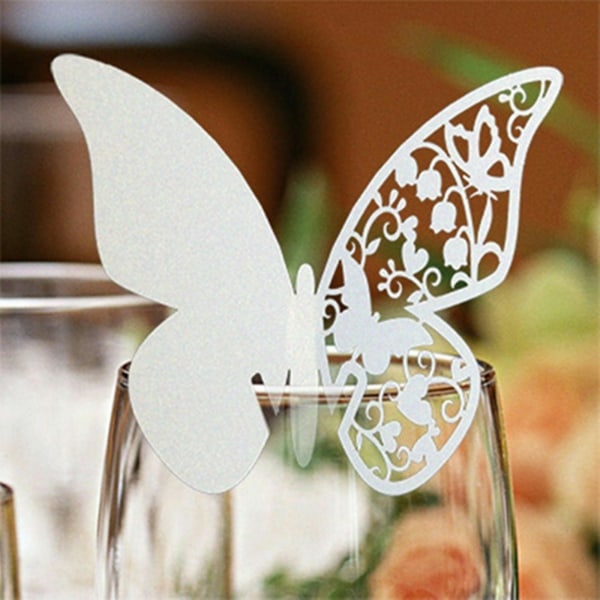 100 kpl Butterfly Wedding Name Paikka Helmiäidin värikkäitä kortteja juhliin White 100PCS