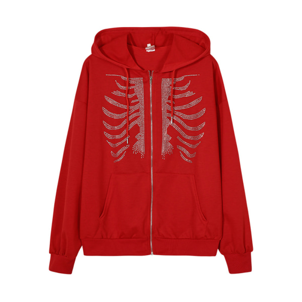 Unisex Zip Oversized Rhinestone Skull Hoodie Genser Jakke W red XL