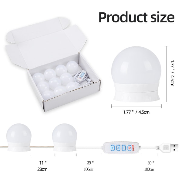 Sminkespeil med belysning 2-14 dimmbare LED-lamper, 3 fargemodus (bare lys, ingen speil) - WELLNGS 10 lights