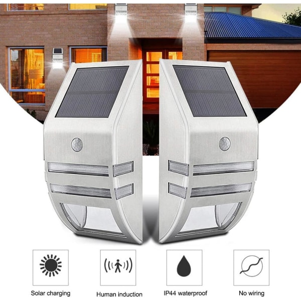 Set med 4 solcellslampor utomhus rörelsedetektor Vattentät-Rostfritt stål-Vägglampor för utomhusbruk-Med för trädgård, terrass, stig, etc.