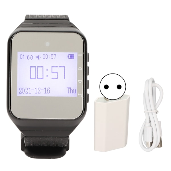 Ur-personsøger LCD Kalender Display Én Knap Alarm Vibration Trådløst Kaldesystem til Catering Fabrikker EU Stik Sort