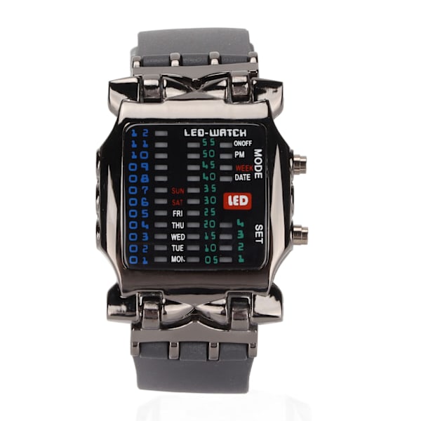 LED-klocka för män, klassisk mode, rektangulär herrklocka med binär tidsvisning för vardagsbruk och affärer (Svart skal, svart armband)