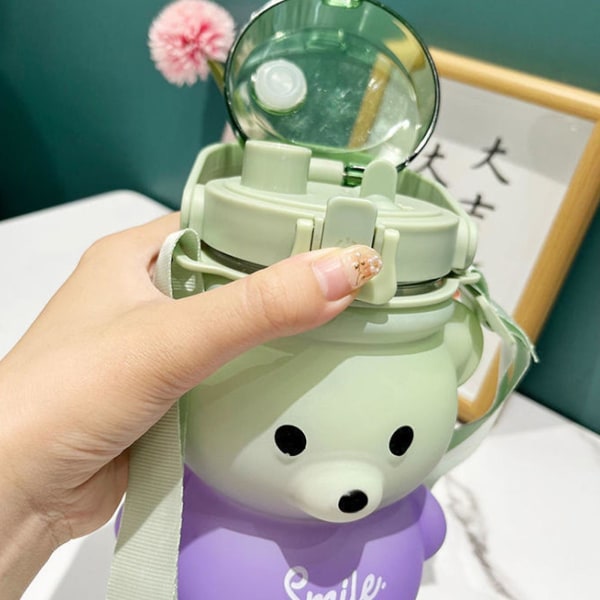 Vesikuppi söpö sarjakuva karhu, säädettävä olkahihna lahja, luova suuri tilavuus vesipullo Pink 1100ML