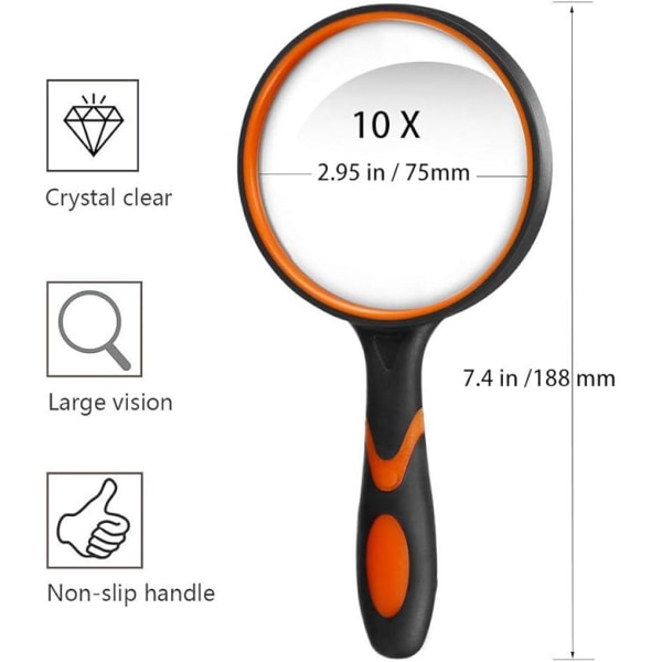 Forstørrelsesglas 10X (orange), håndholdt læselup med skridsikker