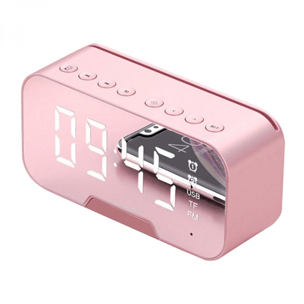 Bluetooth 5.0 Högtalare FM Radio Spegel LED Väckarklocka USB Laddare Hem Rosa