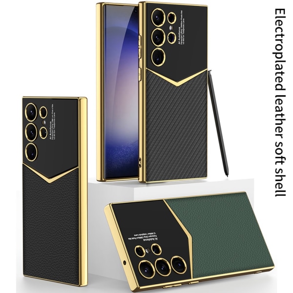 SKALO Samsung S24 Ultra PU-nahkainen Gold Edge Suojakuori - Must Black
