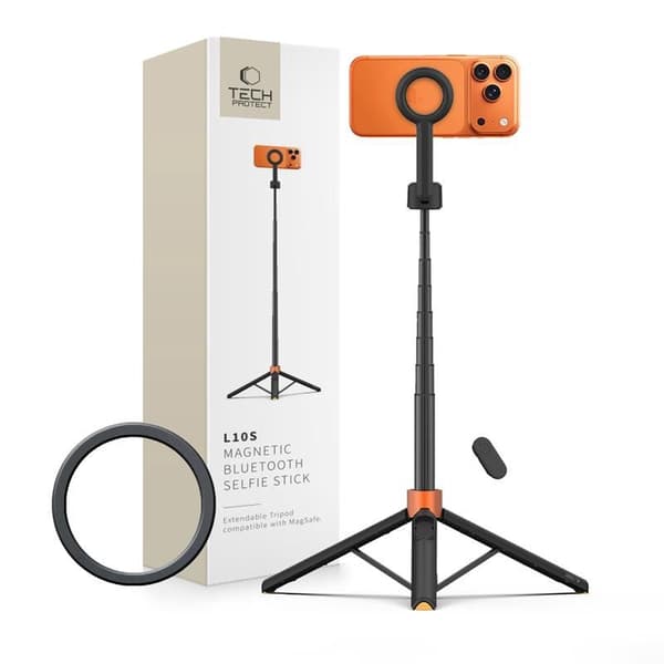 Tech-Protect L10S MagSafe Selfie stick med stativ og Bluetooth 152cm - Sort/Orange Multicolor