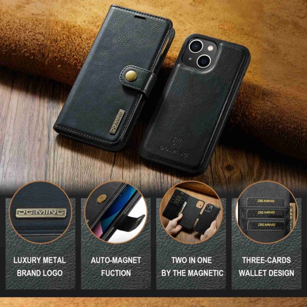 DG MING iPhone 15 2-i-1 Magnet Plånboksfodral - Svart Svart