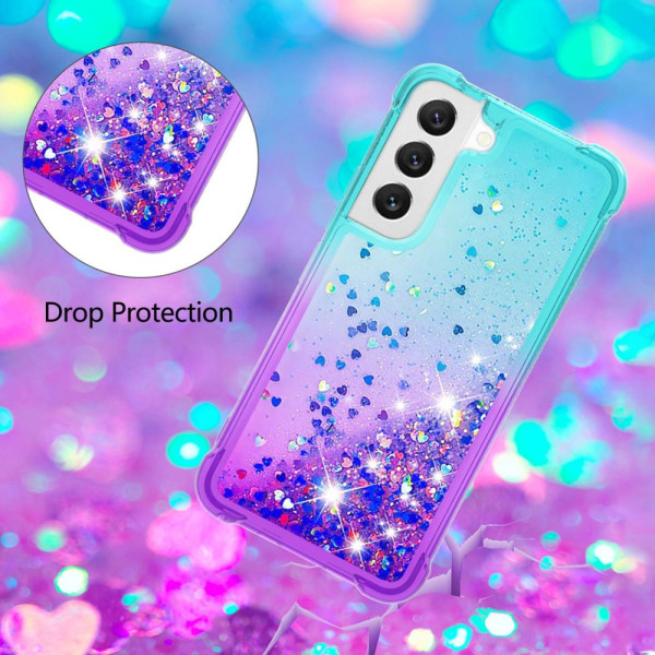 SKALO Samsung S23 Plus Kvicksand Glitter Hjerter TPU Cover - Turkis-Lilla Multicolor