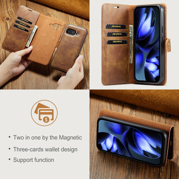 DG MING Google Pixel 9a 2-in-1 Magneetti Lompakkokotelo - Ruskea Brown