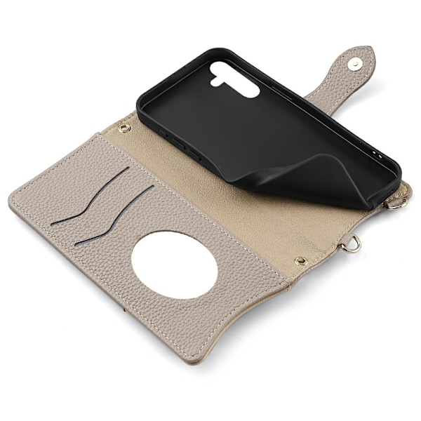SKALO Samsung S25 Litchi Makeup Mirror Chain Lompakkokotelo - Harmaa Grey