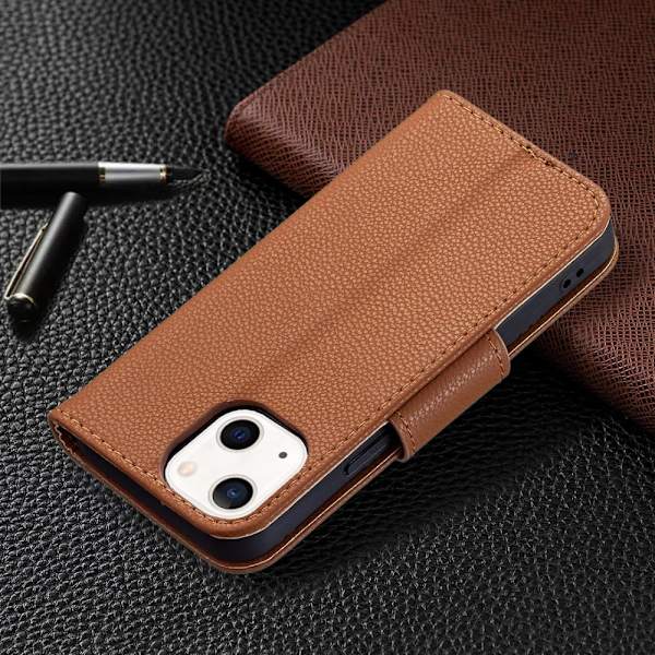 SKALO iPhone 13 Mini Premium Litchi Plånbok - Brun Brown