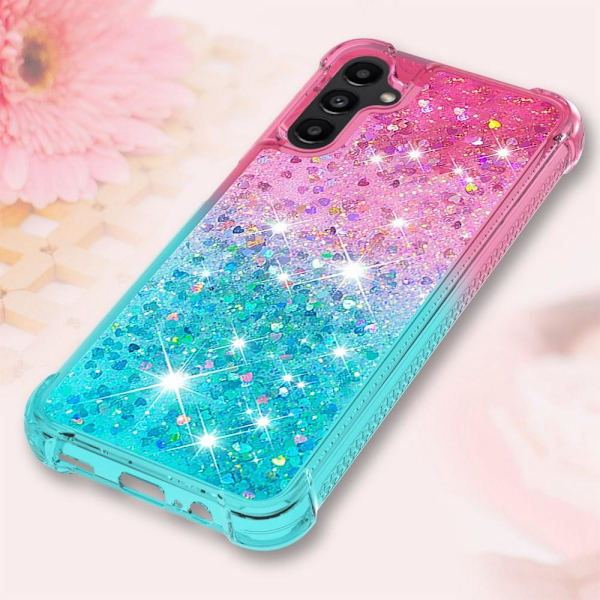 SKALO Samsung A14 5G Juoksuhiekka Glitter Sydämet TPU kuori - Pinkki-Turkoosi Multicolor