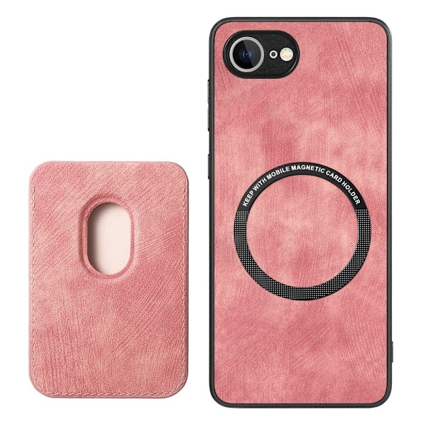 SKALO iPhone 16e PU-Läder Magnetisk Korthållare Skal - Rosa Rosa