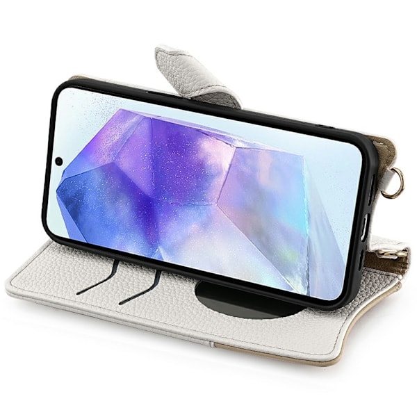 SKALO Samsung A26 5G Litchi Makeup Mirror Chain Plånboksfodral - Vit Vit