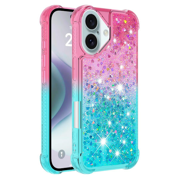 SKALO iPhone 16 Kvicksand Glitter Hjerter TPU Cover - Pink-Turkis Multicolor