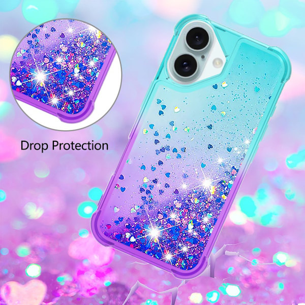 SKALO iPhone 16 Kvicksand Glitter Hjerter TPU Cover - Turkis-Lilla Multicolor