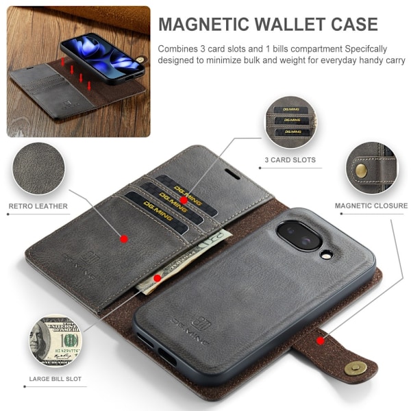 DG MING Google Pixel 9a 2-in-1 Magneetti Lompakkokotelo - Harmaa Grey