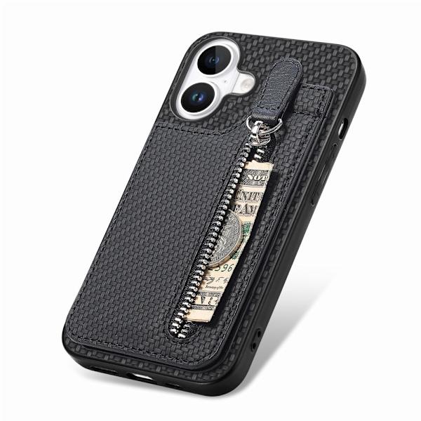 SKALO iPhone 16 Carbon Fiber Skal med Korthållare - Svart Svart