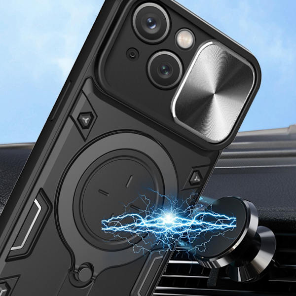 SKALO iPhone 15 Plus Armor Hybrid Metal Ring Camera Slider - Sort Black