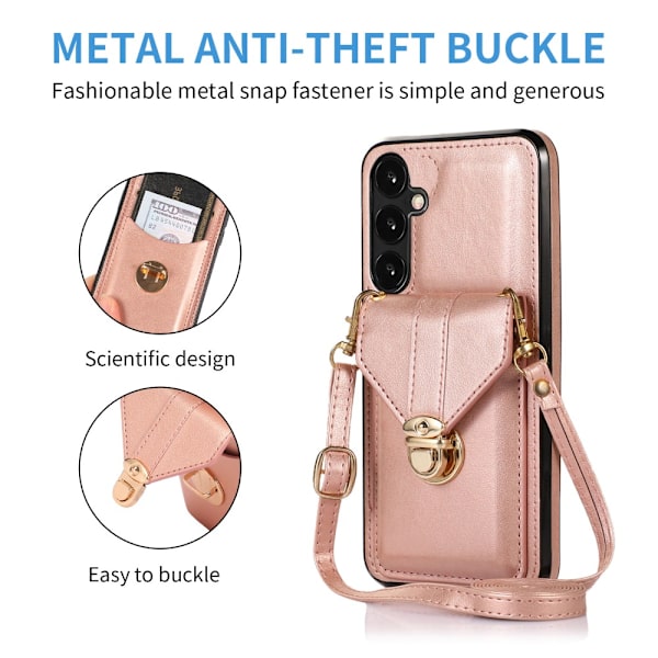 SKALO Samsung A15 5G PU-nahkainen Korttikotelo - Ruusukulta Pink gold