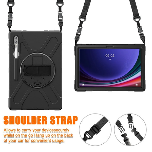 SKALO Samsung Tab S10 Ultra Extra Shock Resistant Armor Handle Kuori Olkahihnalla - Musta Black