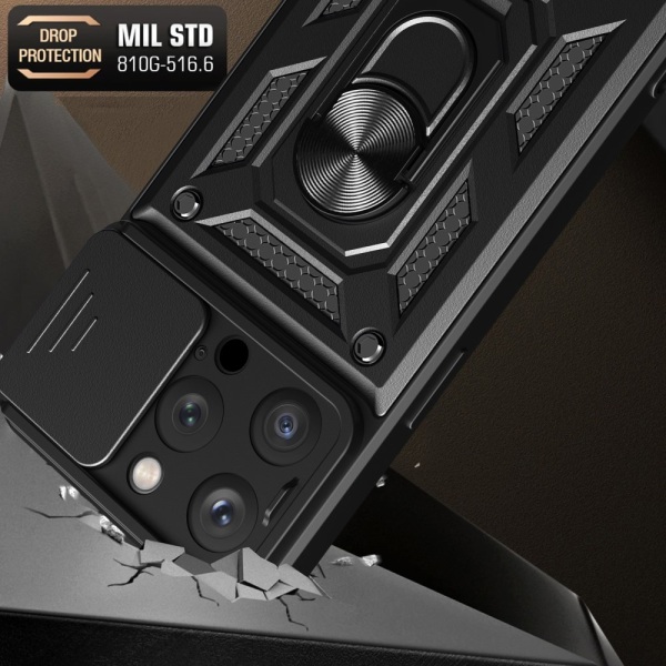 SKALO iPhone 15 Pro Armor Hybrid Metallring Kameraslider - Svart Svart