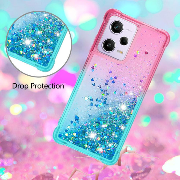 SKALO Xiaomi Redmi Note 12 Pro 5G Juoksuhiekka Glitter Sydämet TPU kuori - Pinkki-Turkoosi Multicolor