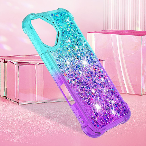 SKALO iPhone 16 Kvicksand Glitter Hjerter TPU Cover - Turkis-Lilla Multicolor