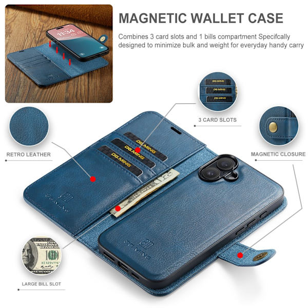 DG MING iPhone 16 Plus 2-i-1 Magnet Plånboksfodral - Blå Blå