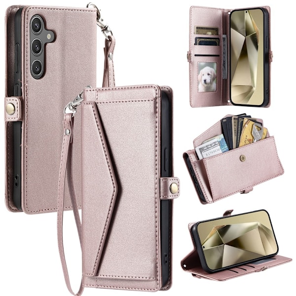 SKALO Samsung S25 PU-Nahkakuori Lompakkokotelo - Ruusukulta Pink gold