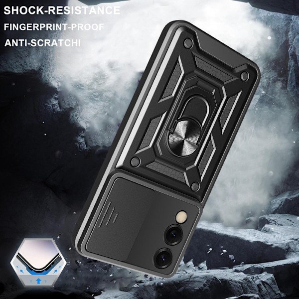 SKALO Samsung S25 Edge Armor Metallring Kameraslider Cover - Sort Black